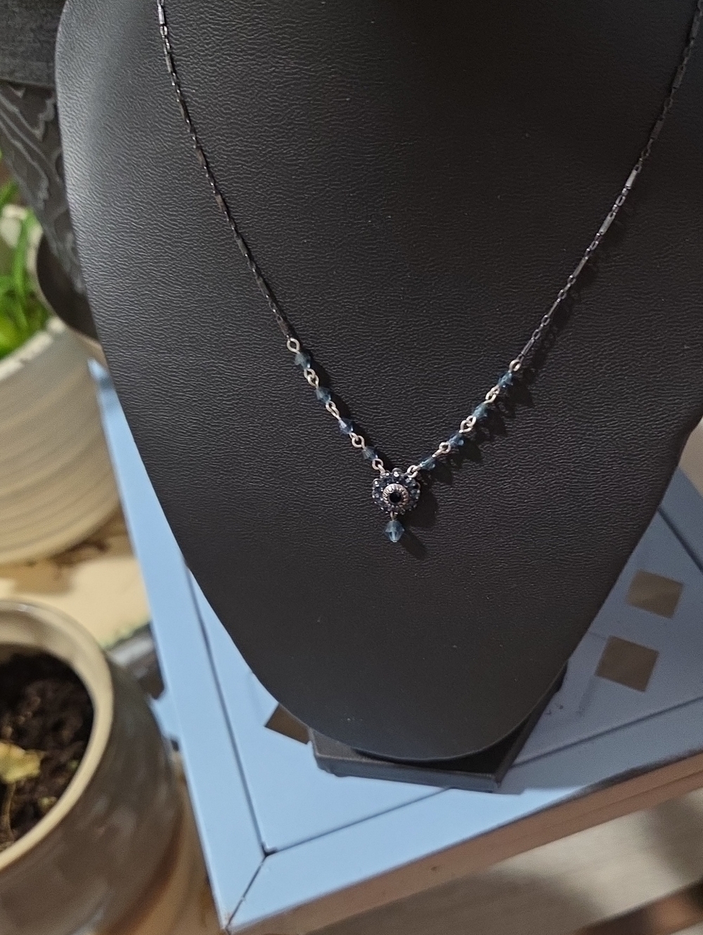 Liz Palacios SF Signed Y Drop Blue Crystal Necklace